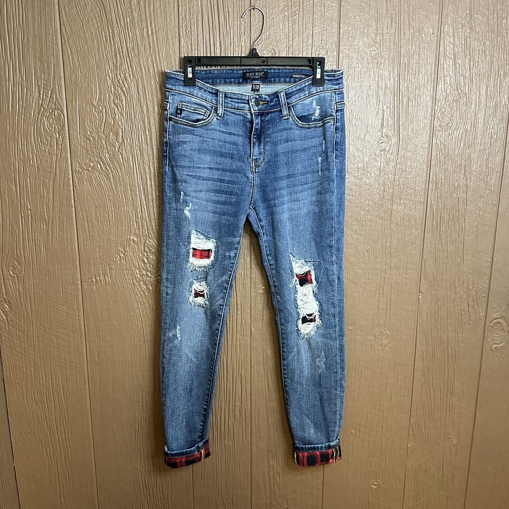 Judy Blue Skinny Fit Jeans Womens 9/29 Blue Distressed Buffalo Plaid Patch Fall